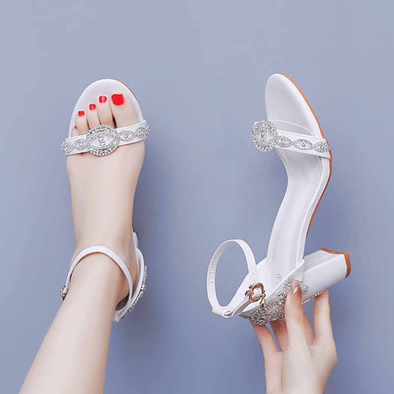 2.95" 3.74" White Crystal Ankle Strap Chunky Heels Summer Wedding Dress Shoes