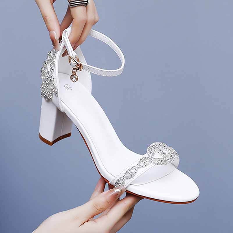 2.95" 3.74" White Crystal Ankle Strap Chunky Heels Summer Wedding Dress Shoes