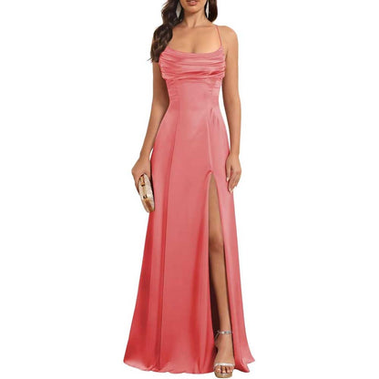 Satin Long Bridesmaid Dresses with Slit Aline Corset Long Prom Dresses