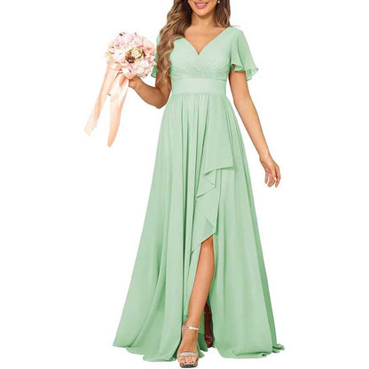 V-Neck Chiffon Bridesmaid Dress With Pocket – Short Sleeves & Elegant Side Split