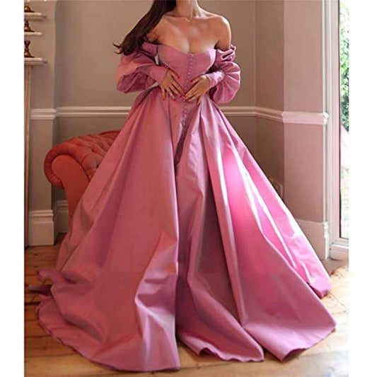 Long Puffy Sleeve Prom Dresses Ball Gown Satin Wedding Party Dress