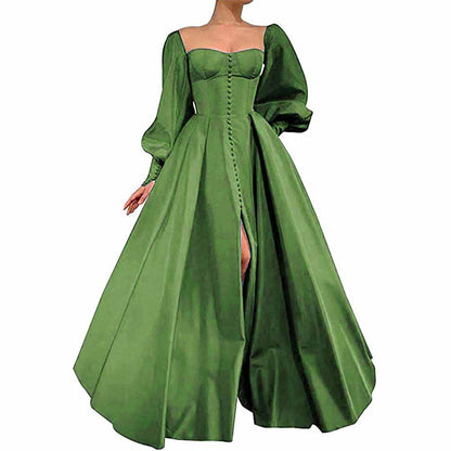 Long Puffy Sleeve Prom Dresses Ball Gown Satin Wedding Party Dress