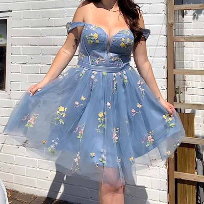 Women's Tulle Prom Dress formal Flower Embroidery Evening Party Gowns