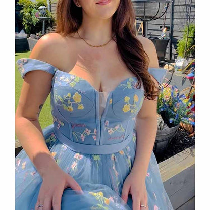 Women's Tulle Prom Dress formal Flower Embroidery Evening Party Gowns