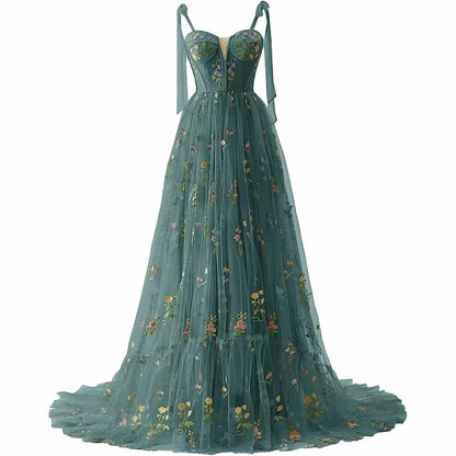 Women's Tulle Prom Dress formal Flower Embroidery Evening Party Gowns