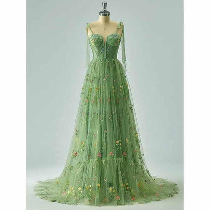 Women's Tulle Prom Dress formal Flower Embroidery Evening Party Gowns