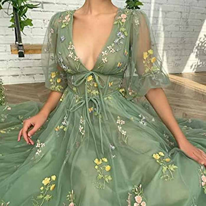 Women's Tulle Prom Dress formal Flower Embroidery Evening Party Gowns