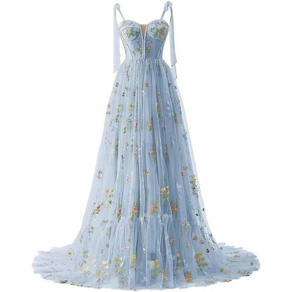 Women's Tulle Prom Dress formal Flower Embroidery Evening Party Gowns
