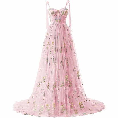 Women's Tulle Prom Dress formal Flower Embroidery Evening Party Gowns