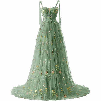 Women's Tulle Prom Dress formal Flower Embroidery Evening Party Gowns