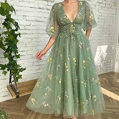 Women's Tulle Prom Dress formal Flower Embroidery Evening Party Gowns