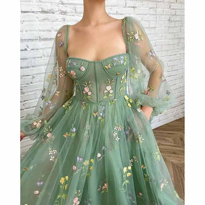 Women's Tulle Prom Dress formal Flower Embroidery Evening Party Gowns