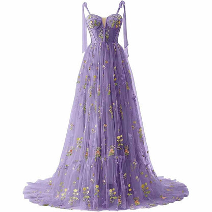 Women's Tulle Prom Dress formal Flower Embroidery Evening Party Gowns