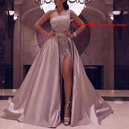 Women's Single Shoulder Prom Dresses Slit Satin Long Evening Formal Dress