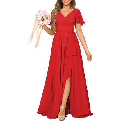 V-Neck Chiffon Bridesmaid Dress With Pocket – Short Sleeves & Elegant Side Split