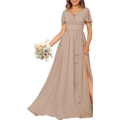 V-Neck Chiffon Bridesmaid Dress With Pocket – Short Sleeves & Elegant Side Split