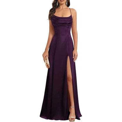 Satin Long Bridesmaid Dresses with Slit Aline Corset Long Prom Dresses