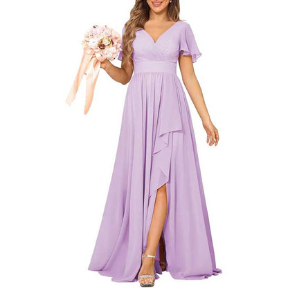 V-Neck Chiffon Bridesmaid Dress With Pocket – Short Sleeves & Elegant Side Split