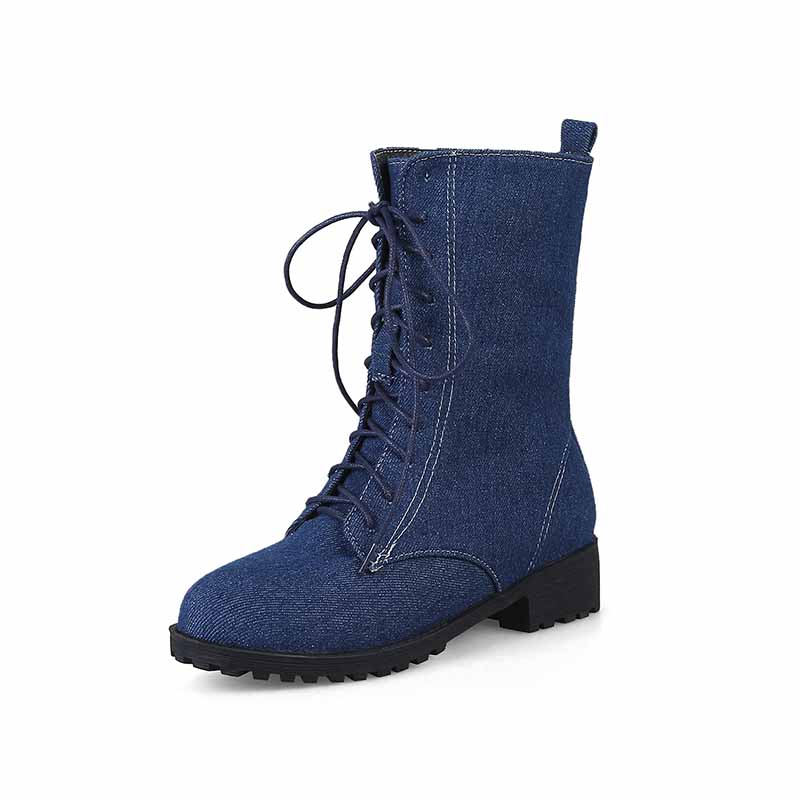 Women's ankle boots lace up denim martin boots low heel bootie