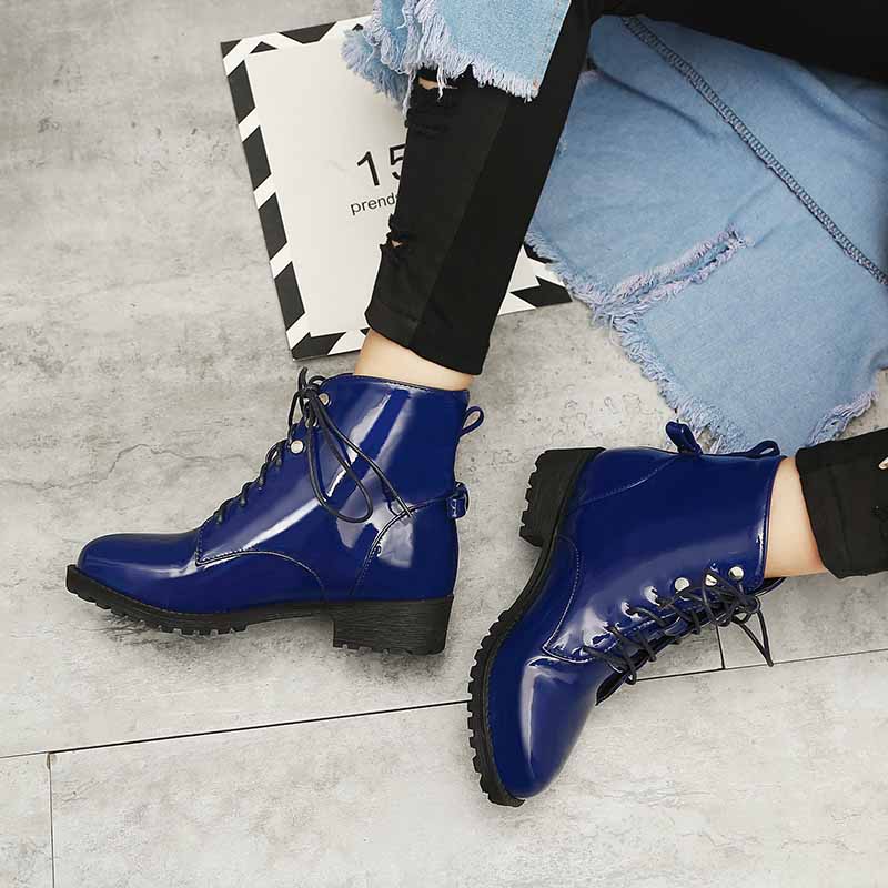 Ladies low heeled lace up shoes patent leather martens shoes