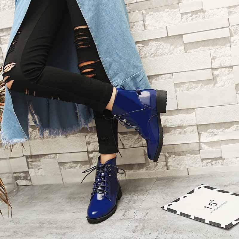 Ladies low heeled lace up shoes patent leather martens shoes