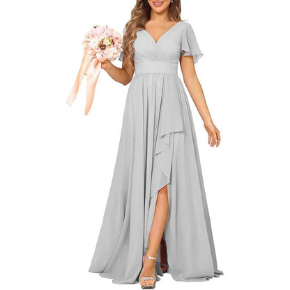 V-Neck Chiffon Bridesmaid Dress With Pocket – Short Sleeves & Elegant Side Split