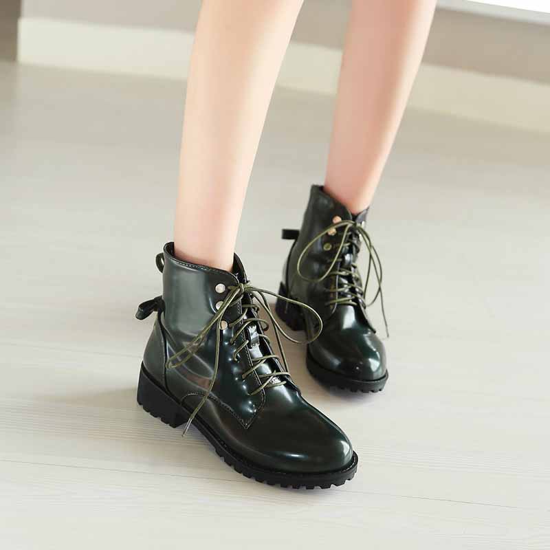 Ladies low heeled lace up shoes patent leather martens shoes