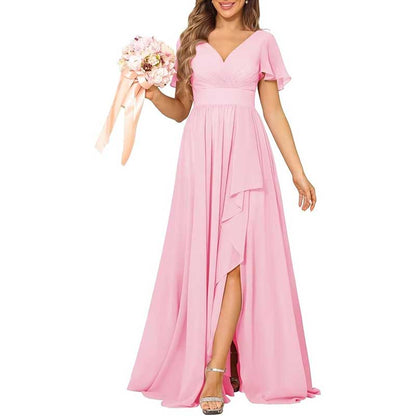 V-Neck Chiffon Bridesmaid Dress With Pocket – Short Sleeves & Elegant Side Split