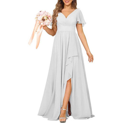 V-Neck Chiffon Bridesmaid Dress With Pocket – Short Sleeves & Elegant Side Split