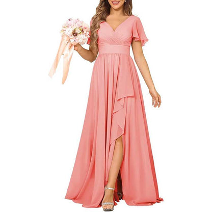 V-Neck Chiffon Bridesmaid Dress With Pocket – Short Sleeves & Elegant Side Split