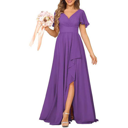 V-Neck Chiffon Bridesmaid Dress With Pocket – Short Sleeves & Elegant Side Split