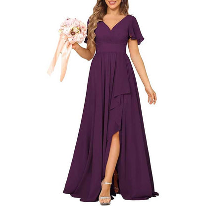 V-Neck Chiffon Bridesmaid Dress With Pocket – Short Sleeves & Elegant Side Split