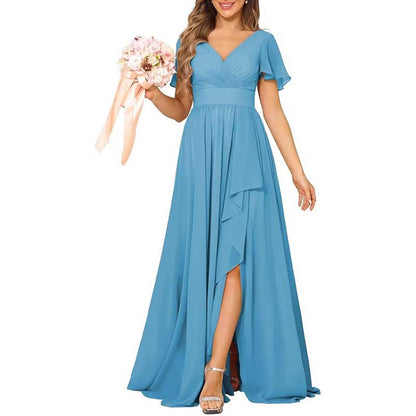 V-Neck Chiffon Bridesmaid Dress With Pocket – Short Sleeves & Elegant Side Split