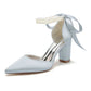 Chunky Wedding Shoes Pointed Toe Pearls Tie-Up Bridal Block Heels