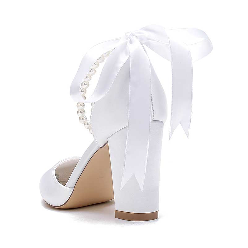 Chunky Wedding Shoes Pointed Toe Pearls Tie-Up Bridal Block Heels