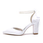 Chunky Wedding Shoes Pointed Toe Pearls Tie-Up Bridal Block Heels