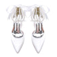 Chunky Wedding Shoes Pointed Toe Pearls Tie-Up Bridal Block Heels