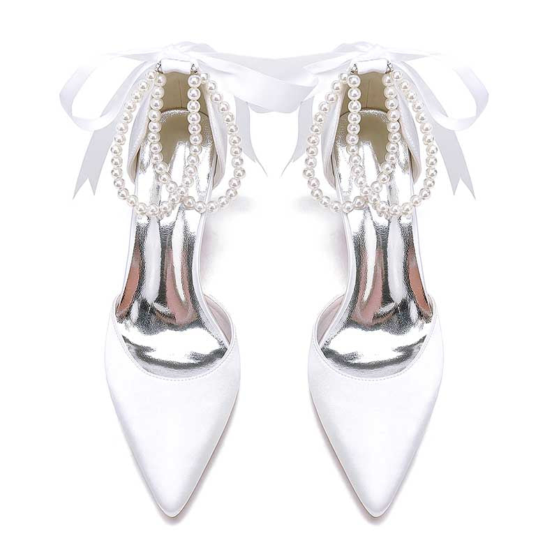 Chunky Wedding Shoes Pointed Toe Pearls Tie-Up Bridal Block Heels