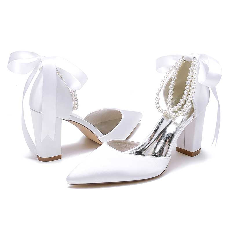 Chunky Wedding Shoes Pointed Toe Pearls Tie-Up Bridal Block Heels