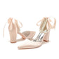 Chunky Wedding Shoes Pointed Toe Pearls Tie-Up Bridal Block Heels