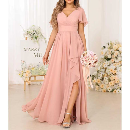 V-Neck Chiffon Bridesmaid Dress With Pocket – Short Sleeves & Elegant Side Split