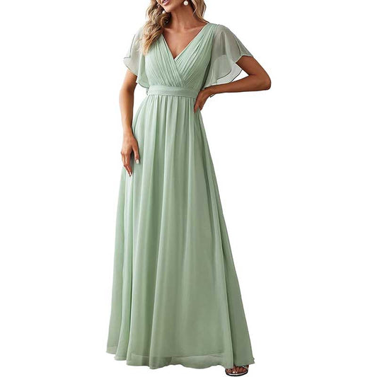 Chiffon Bridesmaid Dress V-Neck Ruffle Sleeves Ruched Bust Floor Length Chiffon Formal Dresses