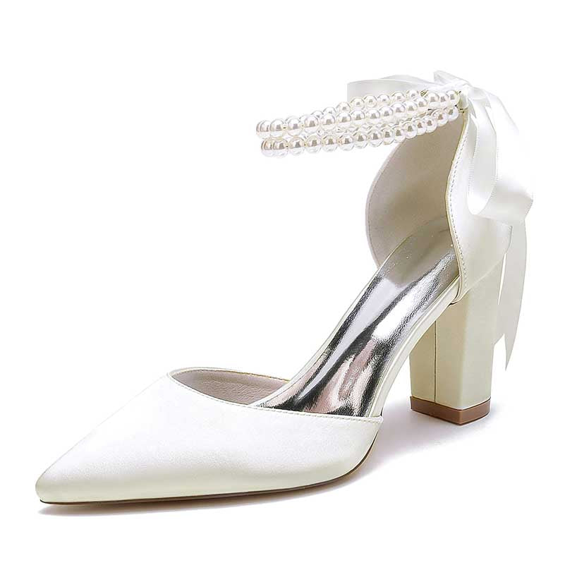 Chunky Wedding Shoes Pointed Toe Pearls Tie-Up Bridal Block Heels