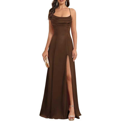 Satin Long Bridesmaid Dresses with Slit Aline Corset Long Prom Dresses