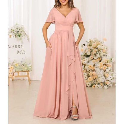 V-Neck Chiffon Bridesmaid Dress With Pocket – Short Sleeves & Elegant Side Split