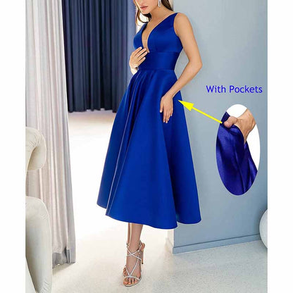 Women's Satin Bridesmaid Dresses A-line Tea Length Formal Evening Dress with Pockets