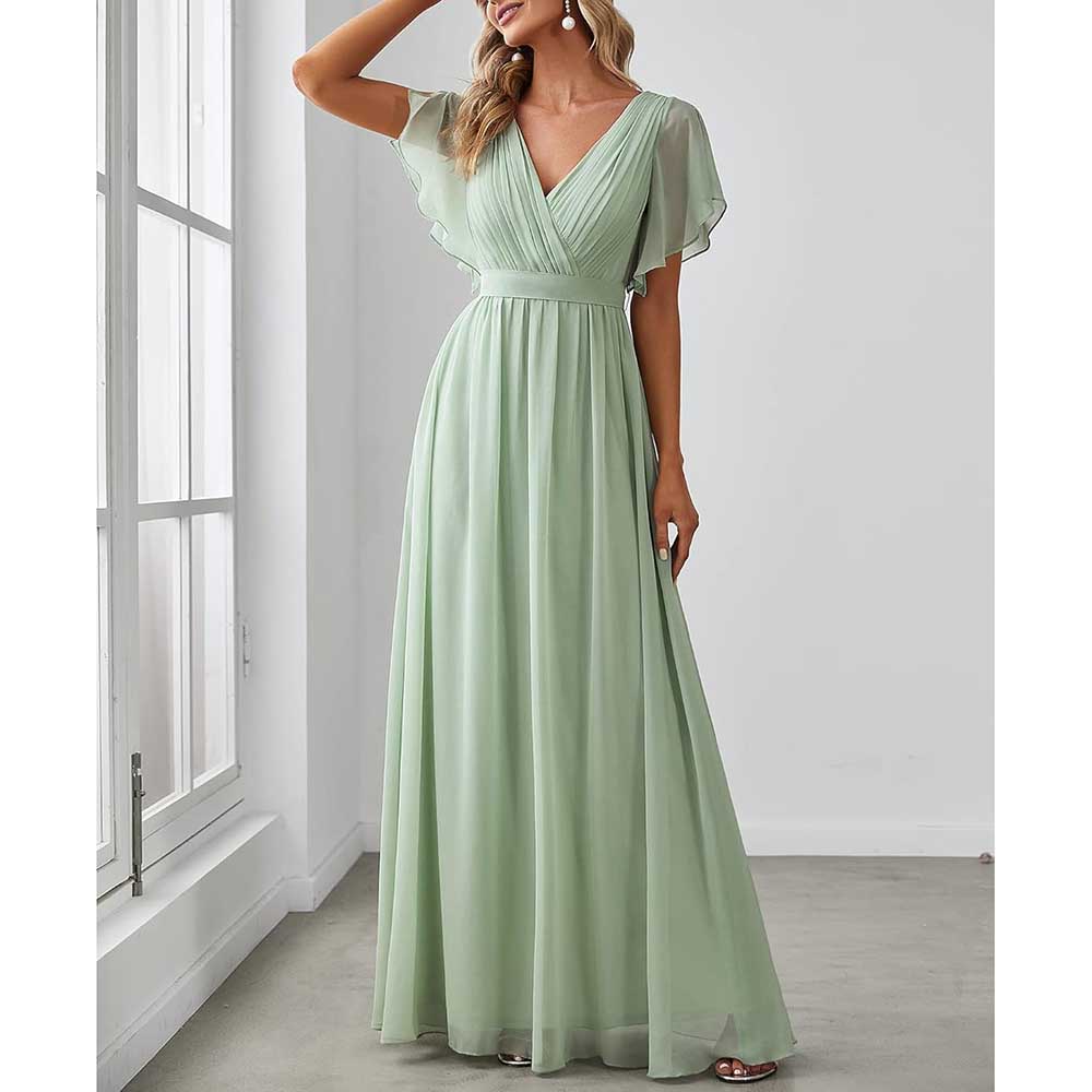 Chiffon Bridesmaid Dress V-Neck Ruffle Sleeves Ruched Bust Floor Length Chiffon Formal Dresses