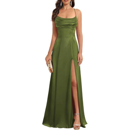 Satin Long Bridesmaid Dresses with Slit Aline Corset Long Prom Dresses