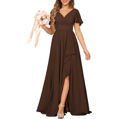 V-Neck Chiffon Bridesmaid Dress With Pocket – Short Sleeves & Elegant Side Split
