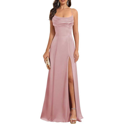 Satin Long Bridesmaid Dresses with Slit Aline Corset Long Prom Dresses